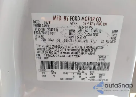 2011 Ford Escape Limited из США, поврежденный, VIN 1FMCU9EG5BKB77254